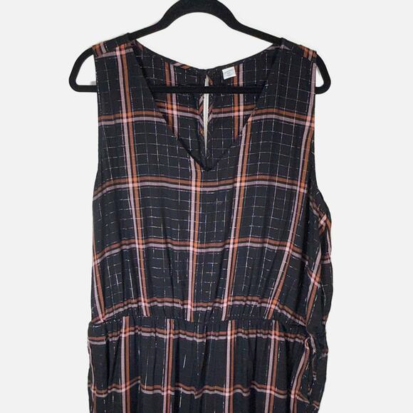 Old Navy XXL Plaid Sleeveless Jumpsuit Black Rust Cinched Waist Pockets FLAW - Picture 4 of 13